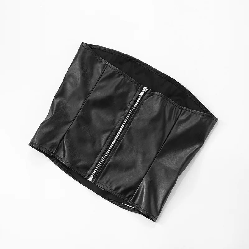 Nsauye Strapless Women Basic Casual Streetwear Night Club Fashion Summer Crop Tops PU Leather Mini Skinny Hollow Out Tank Tops