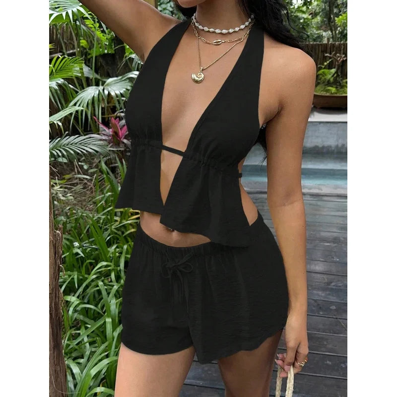 Women Striped 2 Piece Clothing Set Y2K Summer Holliday Outfits Casual Backless Halter Tops With Shorts Summer Clubwear Party