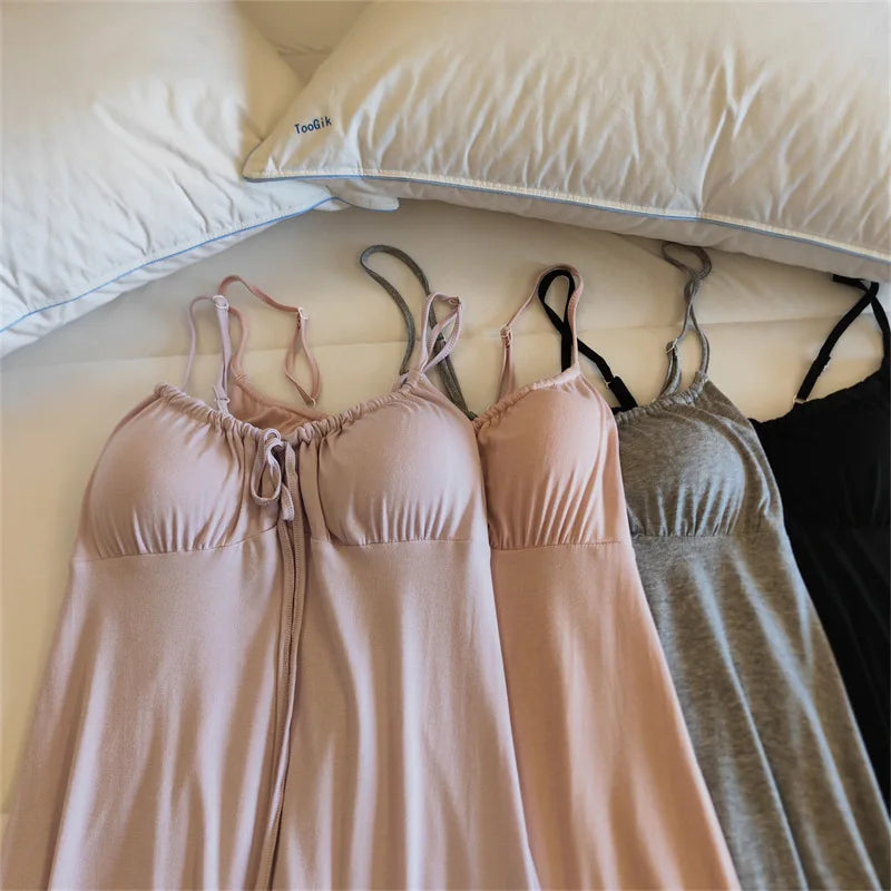 Sexy Nightgown Women Sling Night Dress Chest Pad Sleepwear Nightshirt Modal Ladies Slim Nightwear Casual Home Sleep Shirt