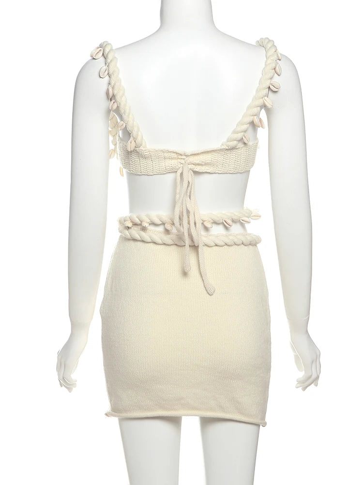 Weird Puss Crochet Applique Patchwork 2 Piece Set Women Sexy Backless Crop Tops+Bandage Hollow Skirts Vacation Beach Party Suits