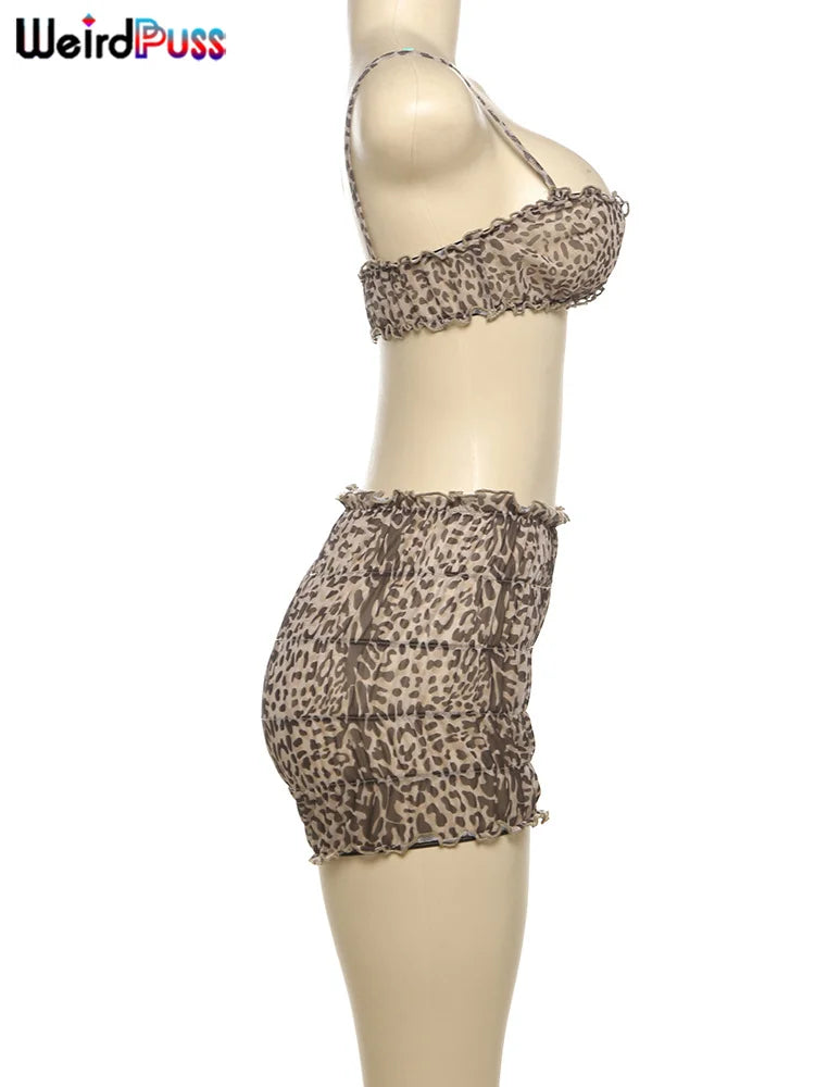 Weird Puss Leopard Print Women 2 Piece Set Sexy See Through Summer Ruffles Camisole+Shorts Vacation Matching Clubwear Outfits