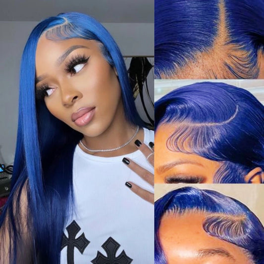 Straight Navy Blue 13x4 Human Hair Lace Frontal Wigs Blue Transparent Lace Front Wigs For Women Brazilian Pre Plucked Hair Wigs