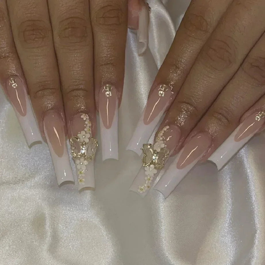 24Pcs Shimmery Long Coffin False Nails with Glue Ballerina Nail Design Sweet Fashion French Press on Acrylic Nails Tips