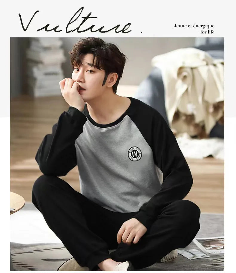 Pajamas Men Long Sleeves and Trousers Spring and Autumn Style Simple and Breathable Nightwear Student Youth Loungewear Sleepwear