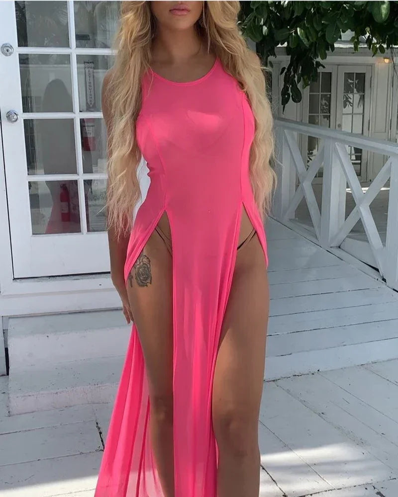 Sexy Womens Mesh Sheer Long Dress Ladies Bikini Cover Up Beach Sundress Solid See-through Long Dress Sleeveless Strap Dress