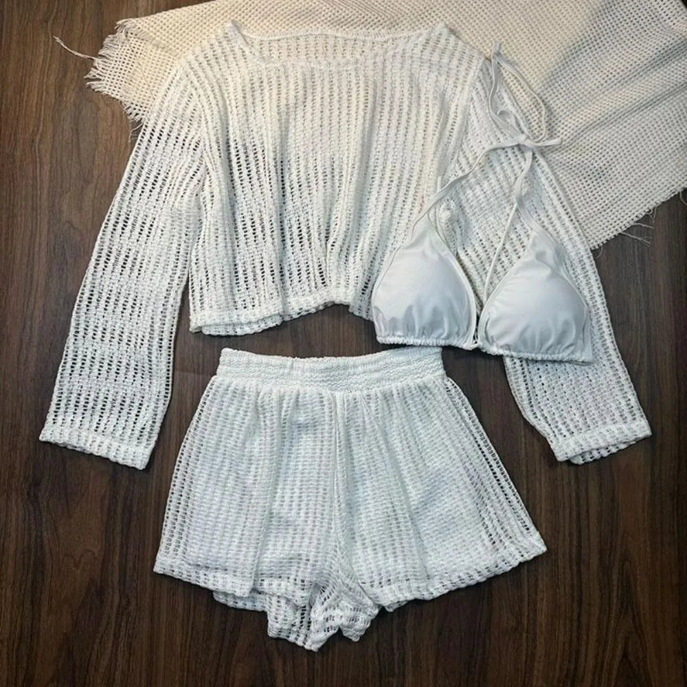 Loose Long Sleeve Swimsuit Hollow Out Beachwear Crochet Knit Bathing Suit Sun Protection Pullover Three Pieces Set Swimwear