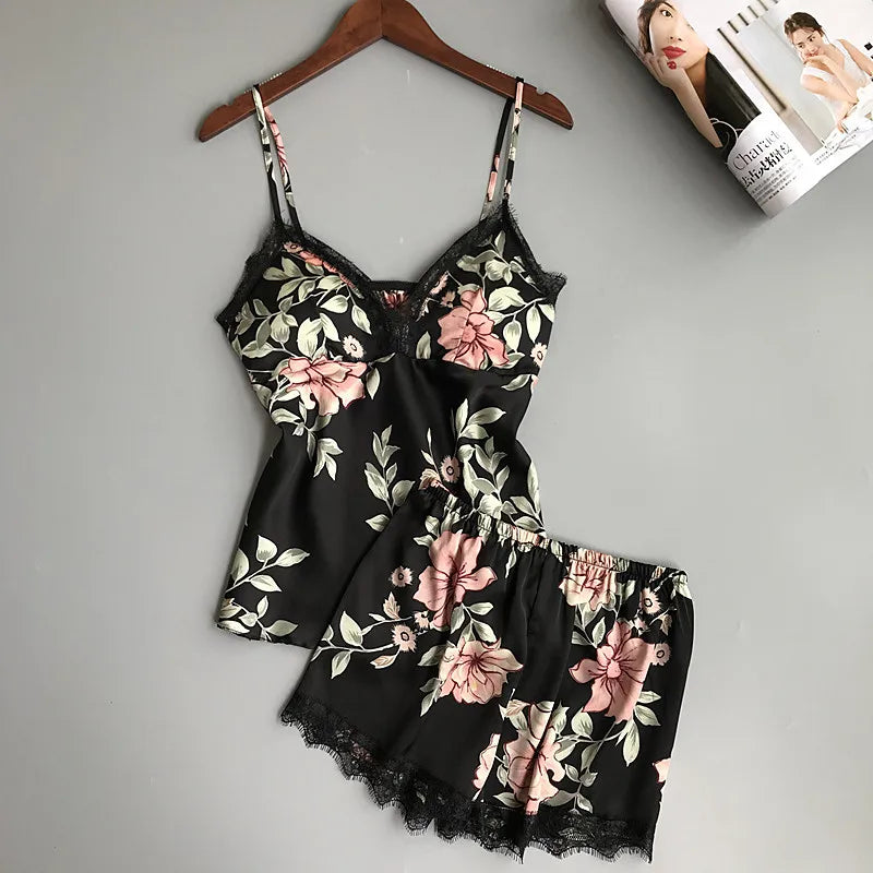 Women Suspender Pajamas Set New Summer Sleepwear Sexy Patchwork Lace Strap Top&Shorts Intimate Lingerie Thin Rayon Home Clothes