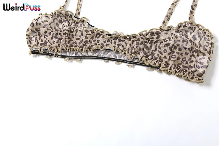 Weird Puss Leopard Print Women 2 Piece Set Sexy See Through Summer Ruffles Camisole+Shorts Vacation Matching Clubwear Outfits