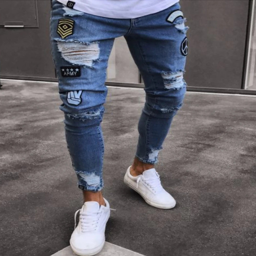 White Embroidery Skinny Ripped denim Men Cotton Stretchy Hole Slim Fit Hip Hop Denim Pants Casual Jeans for Men Jogging Trousers