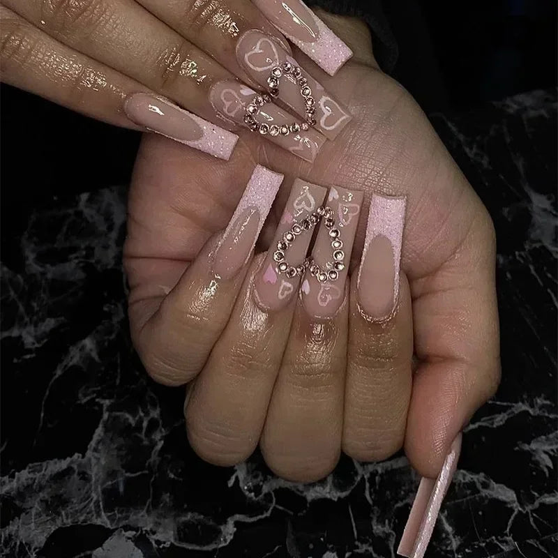 24Pcs Shimmery Long Coffin False Nails with Glue Ballerina Nail Design Sweet Fashion French Press on Acrylic Nails Tips