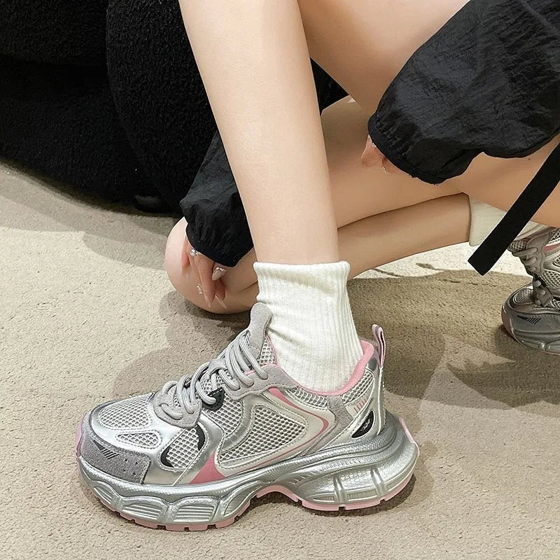 New Thick Soled Fashionable Dad Shoes, Women's Spring and Autumn New Versatile Casual Shoes, Silver Pink Sports Trendy Shoes