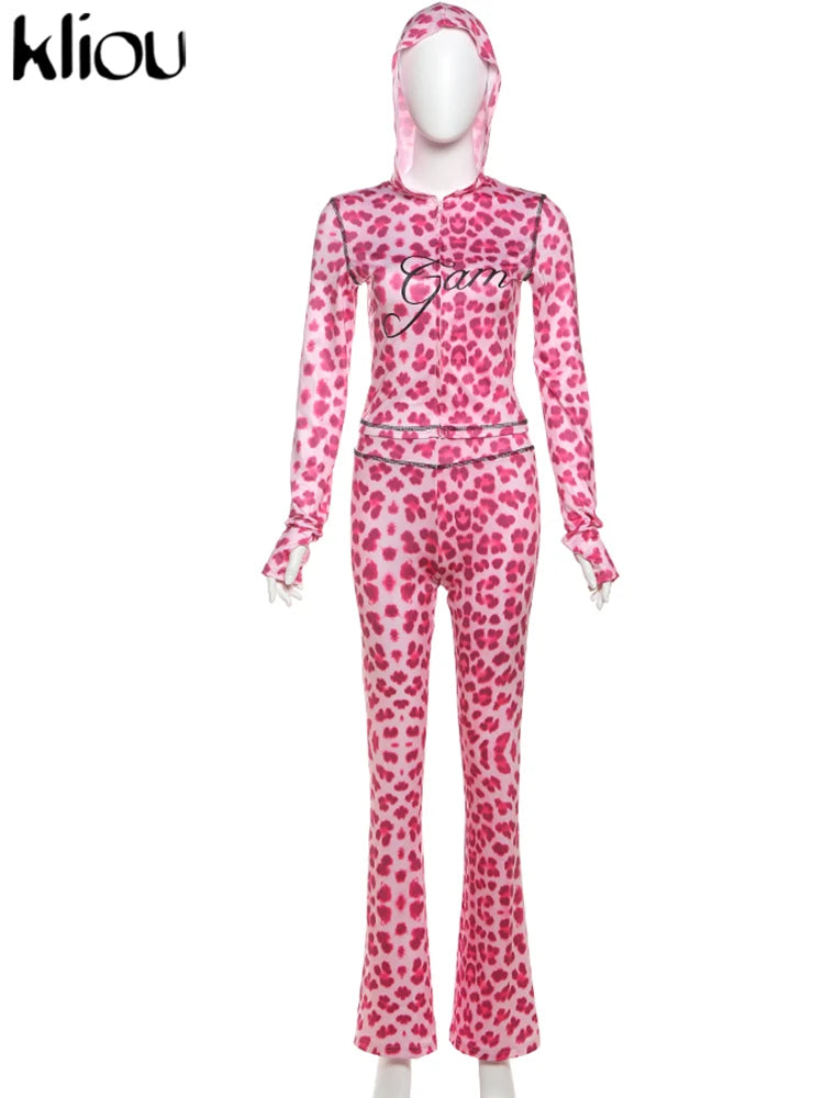 kliou Popular Leopard Women 2 Piece Set Trend Letter Print Hooded Long Sleeve Zip-up Tops+Matching Pants Female Trend Streetwear