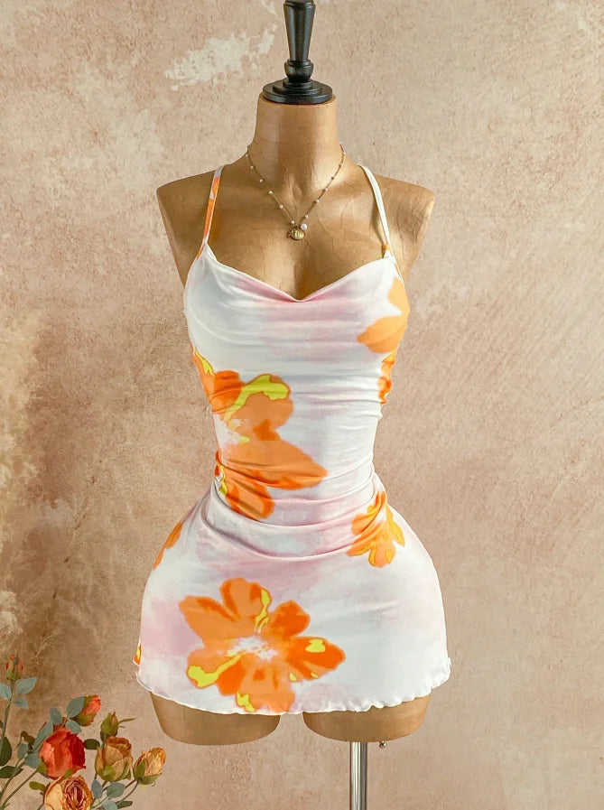 Women Halter Cowl Neck Floral Print Side Ruched Ruffle Hem Mini Dress 2026 Summer Tropical Beach Y2K Going Out Party Bodycon Dre