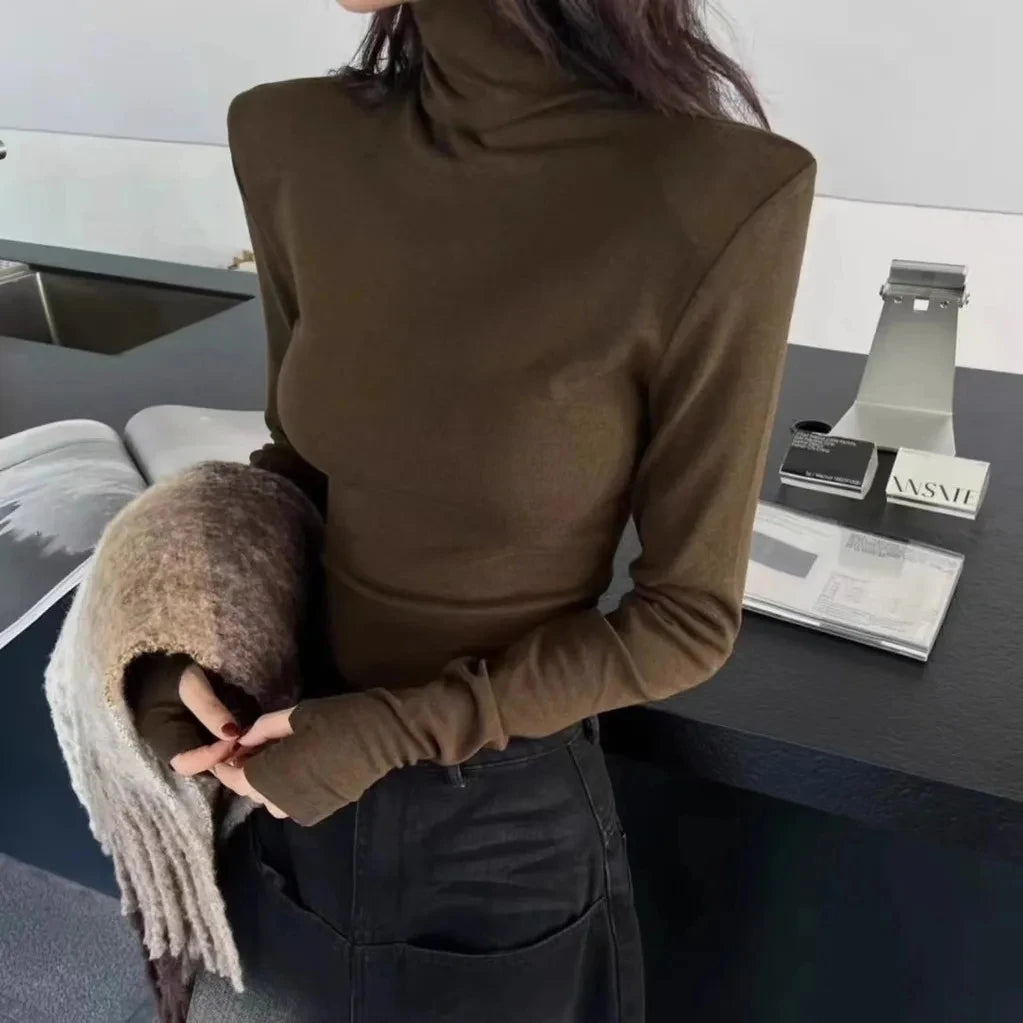 Women's High Neck Long Sleeve Top 2026 Spring New Korean Minimalist No Cuff Sleeve Design Structured Shoulder Slim Fit Knitwear