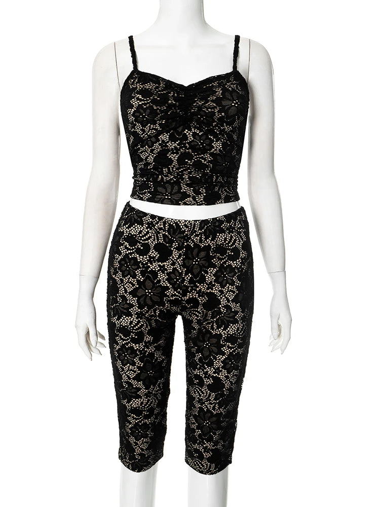 Weird Puss Mesh Patchwork 2 Piece Set Women Sexy Jacquard Backless Camisole+Stretch Skinny Peach Hip Pants Club Party Outfits