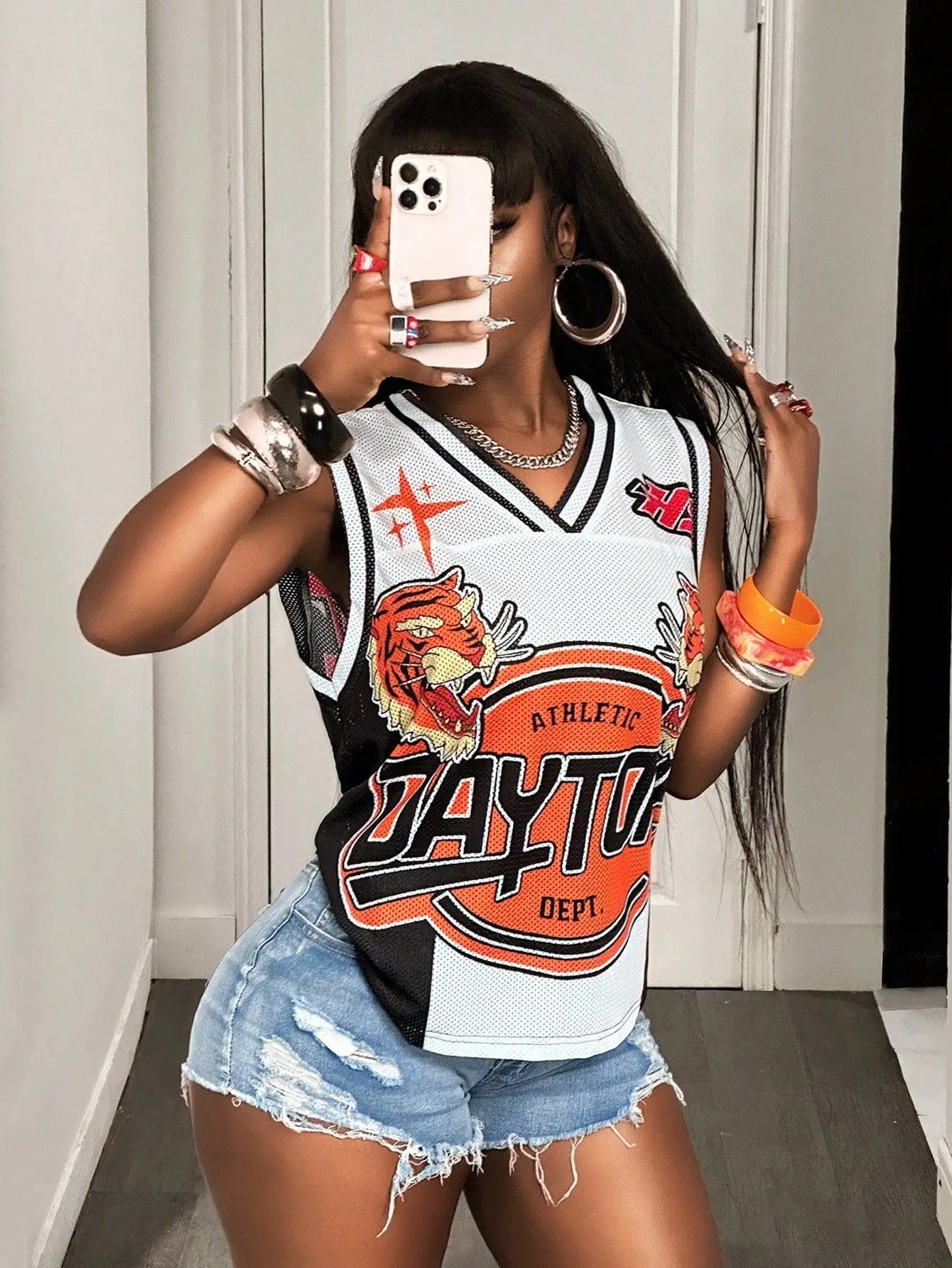HLJ&GG Fashion Y2K Letter Print Loose Tshirts Two Piece Sets Women Round Neck Sleeveless Top And jeans Shorts Outfits Streetwear