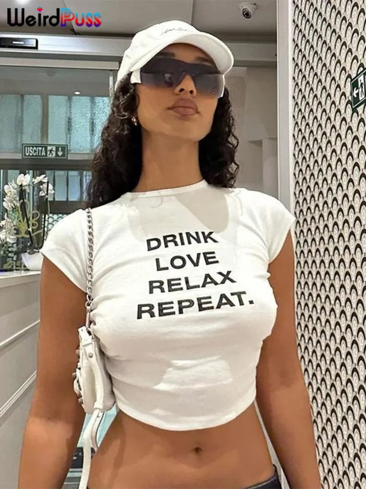 Weird Puss Casual T-Shirt Monogram Y2K  Women Shorts Sleeve Shirring Crop Tops Chic Hot Hot Girl Wild Streetwear Tees