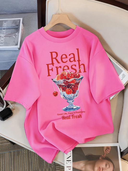 Real Fresh Cherry Fruit Cup Design Tee Shirts Female Comfortable Cotton T Shirt Fashion Casual Clothes Soft Street Short Sleeve