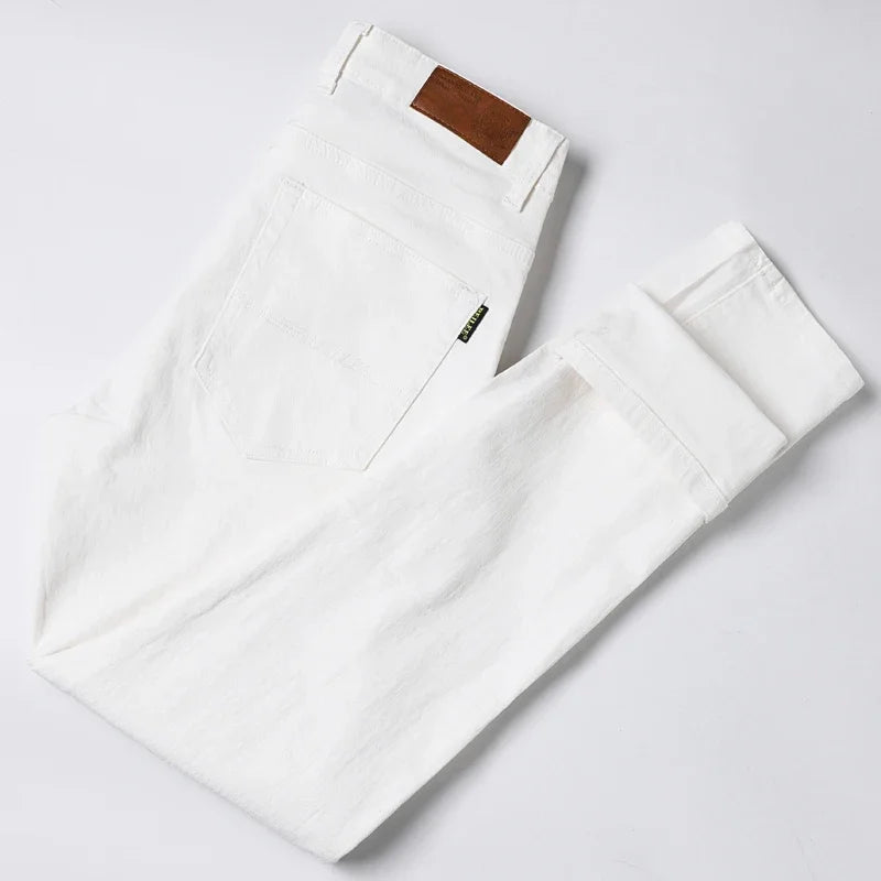 White Yellow Pink fashion 5 Color Men's Cotton Casual Pants Jeans Slim Straight Solid Color Business Trousers Four Seasons Brand