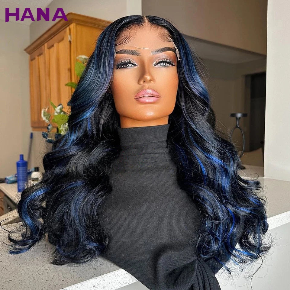 Ombre Blue Human Hair Wigs HD 13x6 Lace Frontal Wig Highlights Blue Brazilian Body Wave Bleached Knots Remy 5x7 Lace Closure Wig