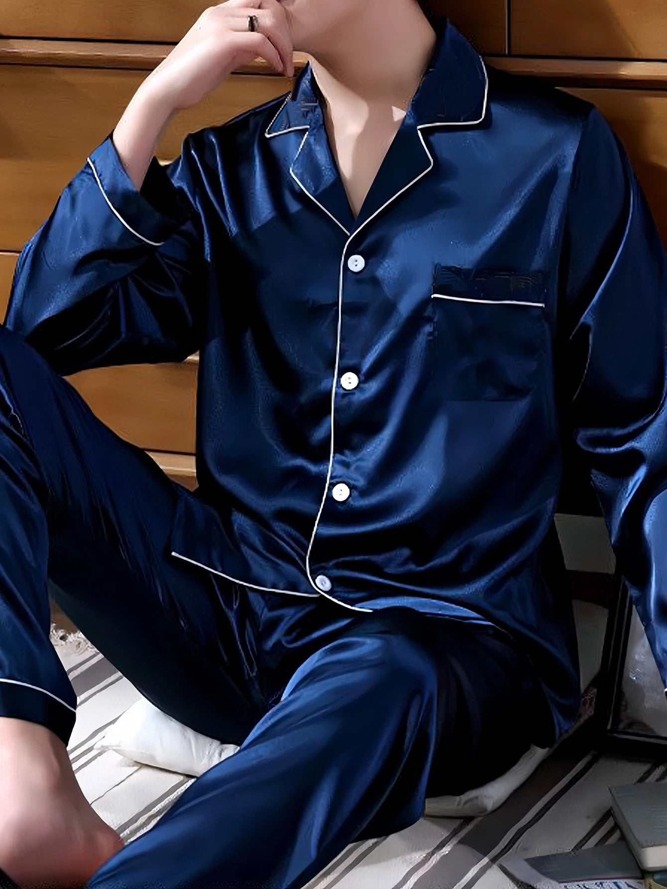 Two piece sets men's pajamas autumn and winter silk satin long sleeved pants casual simple solid color sleepwear set