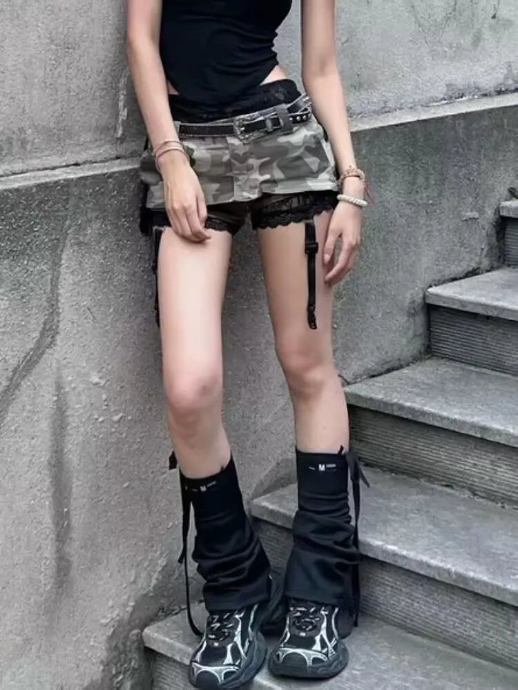 Summer Gothic Vintage Lace Up Slim Camouflage Lolita Shorts Skirts Women Kawaii Aesthetic Y2k A-line Package Hip Short Skirt