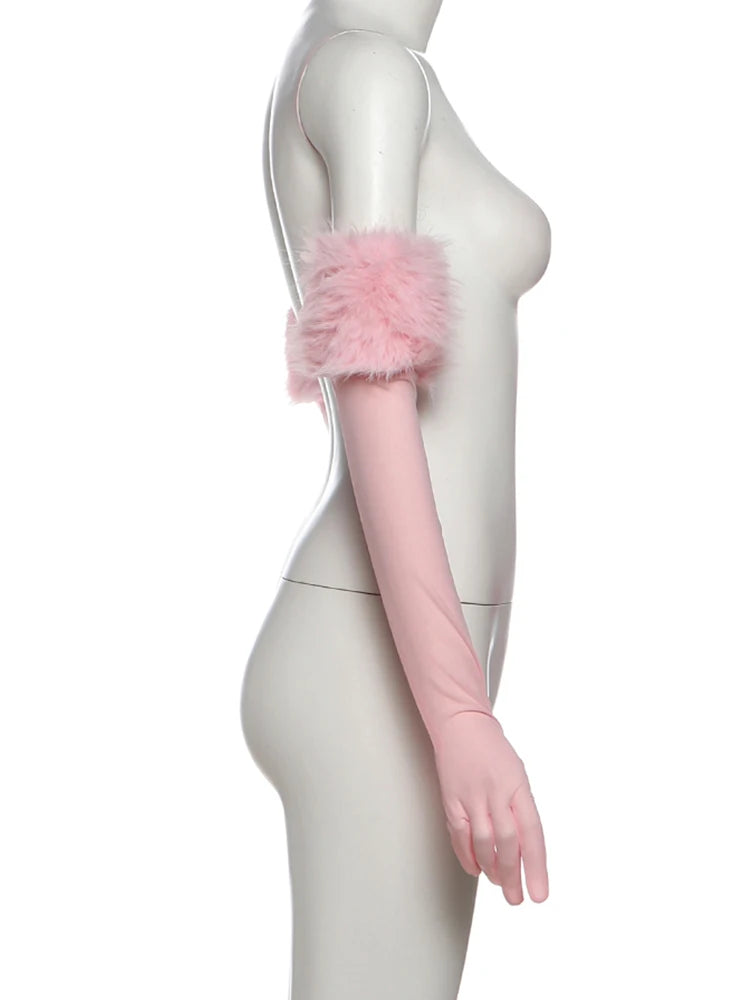 Weird Puss Christmas Furry Strapless Tops Women Patchwork Sexy Long Gloves Matching Birthday Luxury Classic Midnight Clubwear