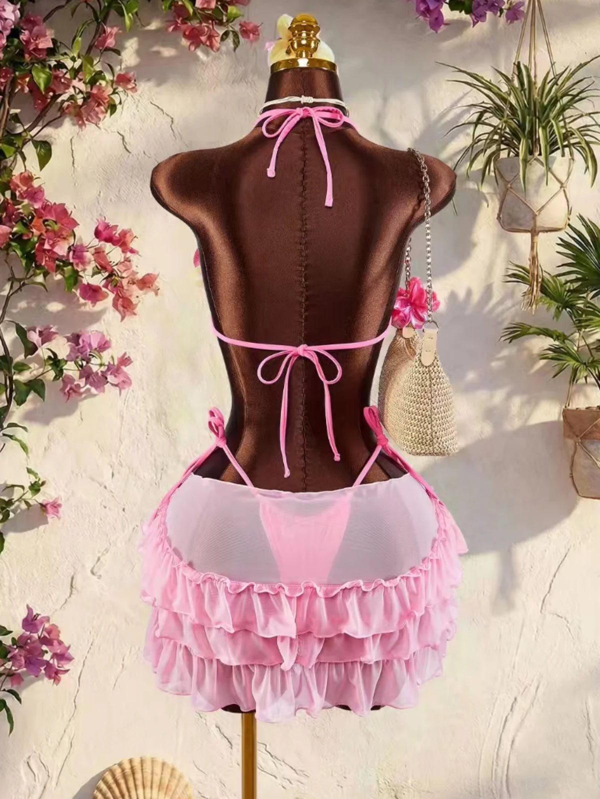 Sexy Pink 3D Floral Bikini Set Women Mesh Ruffle Cover Up 3 Piece Swimsuit 2026 Summer Push Up Bra Bathing Suit Holiday Swimwear