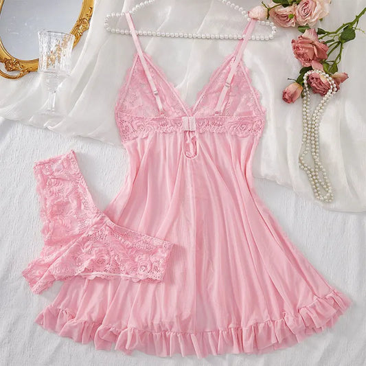 Sexy Lace Nightdress Transparent Pink Lingerie Women Underwear Sexy Sleepwear Thin Style G-string Set Elegant DeepVDress Pijamas