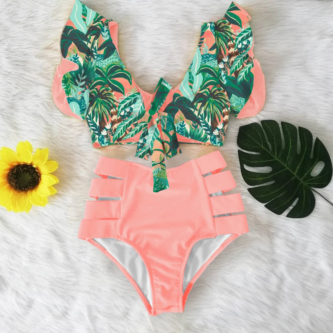 2026 High Waist Bandage Bikini Set For Women Floral Printed Ruffle Bikinis Push Up Strappy Brazilian Biquini Swimwear Swimsuit