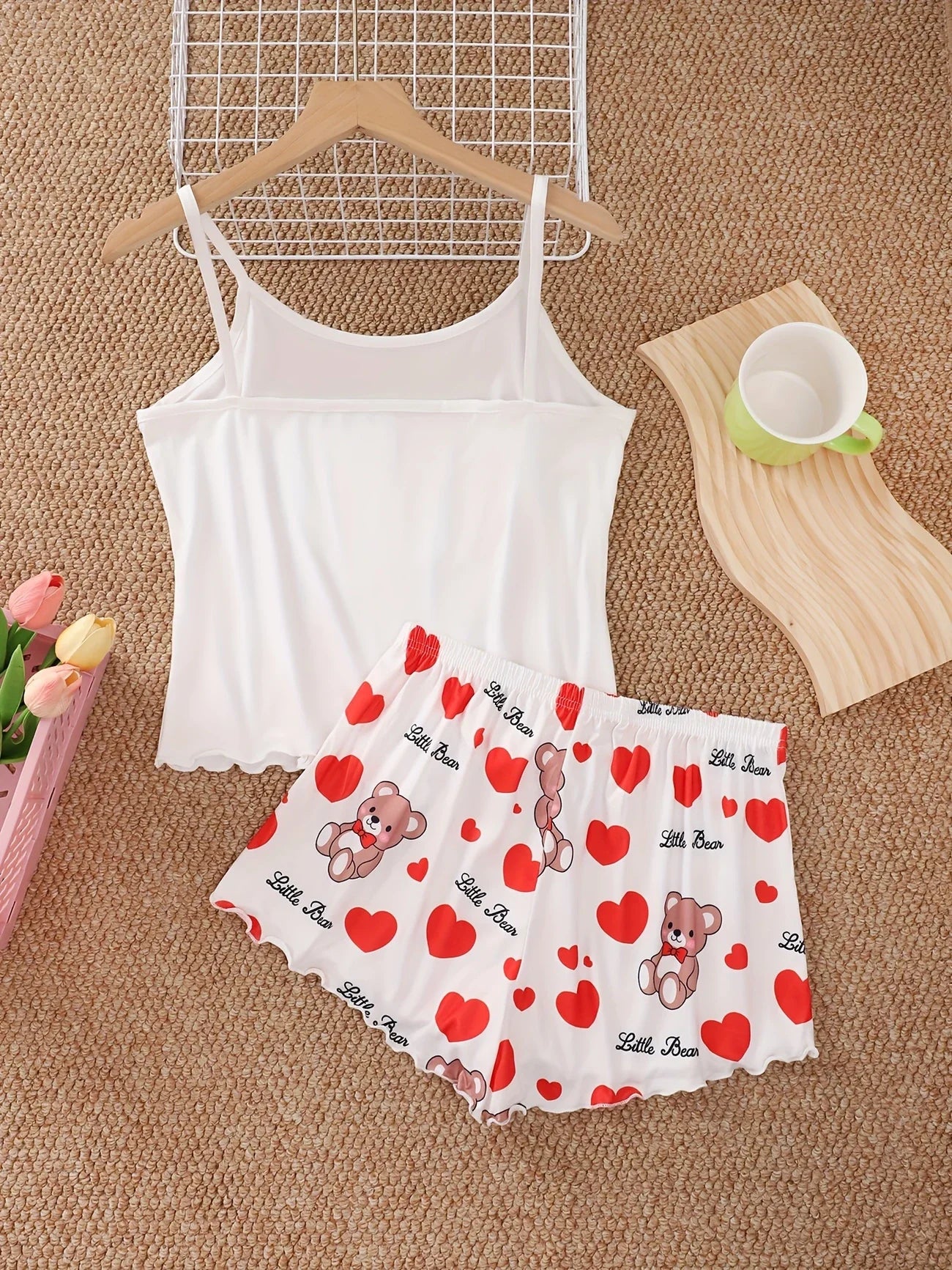Summer Cute Love Bear Printed Pajamas Set for Women's Loungewear Crop Tops and Shorts Sleepwear Home Wear Clothes