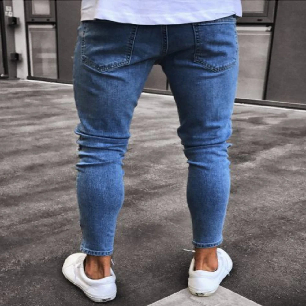 White Embroidery Skinny Ripped denim Men Cotton Stretchy Hole Slim Fit Hip Hop Denim Pants Casual Jeans for Men Jogging Trousers