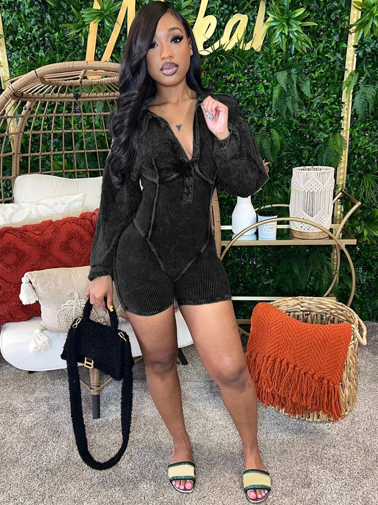 Kricesseen Casual Washed Ribbed Cargo Rompers Night Club Outfits Fashion Fashion Long Sleeve Knitted Jumpsuits Night Clubwear