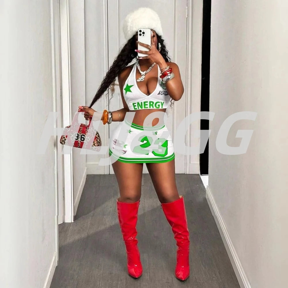 HLJ&GG Y2K Fashion Letter Print Mesh Hollow Two Peice Sets Women Deep V Halter Sleeveless Backless Crop Top+Mini Skirts Outfits