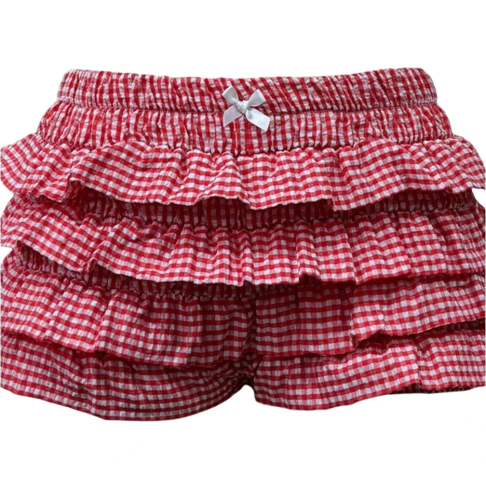 HLJ&GG Y2K Sweet Cherry Print Two Piece Sets Women Round Neck Sleeveless Slim Tank Top And Ruffle Plaid Shorts Outfit Streetwear