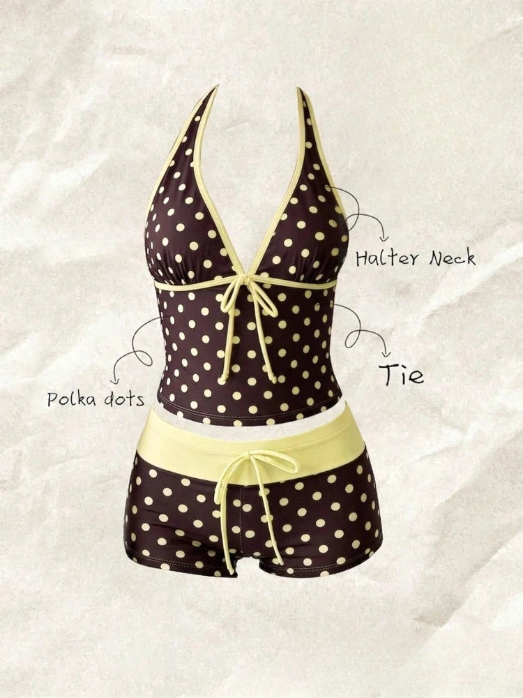 Women Swimwears Polka Dot 2-Piece Tankini Set Halter V Neck Front Tie Cami Top & Contrast Waistband Drawstring Swim Shorts