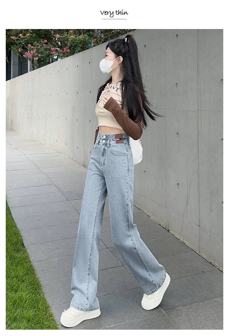 OUSSYU Woman Jeans High Waist Straight Wide Leg Cotton Denim Clothing Blue Streetwear Vintage Fashion Harajuku Women Trousers