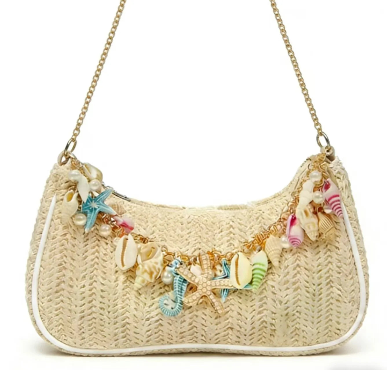 Bohemian Summer Straw Shoulder Bag with Ocean Shell, Starfish & Seahorse Charms, Perfect for Beach Vacation & Tropical Getaways