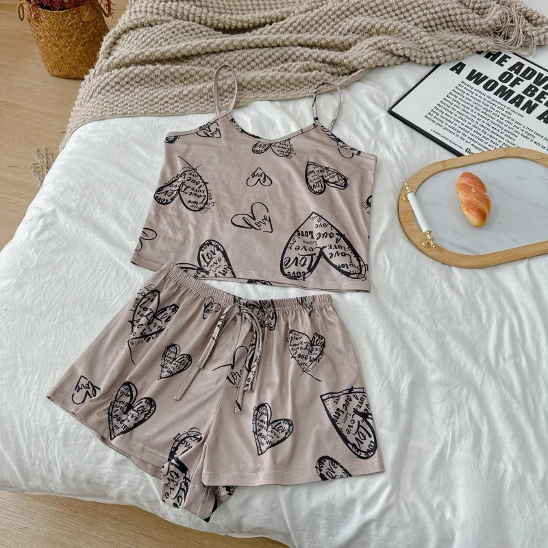 Women's Summer Printed Cami Sleeveless Top and Shorts Pajama Sets Female Soft Breathbale Nightwear Adjustable Belt Sleepwear New