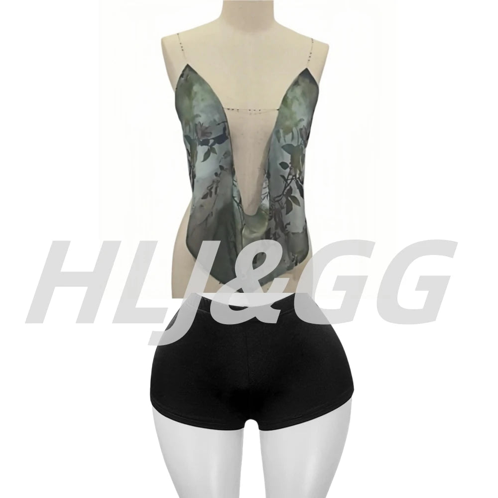 HLJ&GG Sexy Pattern Print Hollow Halter Two Piece Sets Women Deep V Backless Top And Shorts Outfits Fashion Y2K Streetwear Trend
