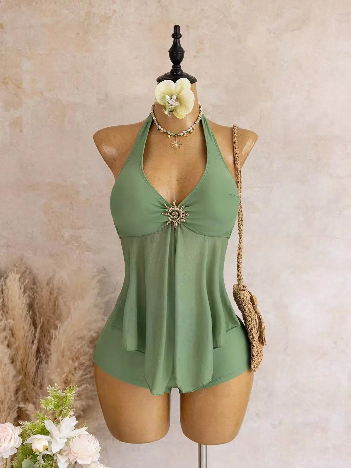 Vintage Yellow Polka Dot Print Bikini Set 2026 Women Metal Sun Ornament Mesh Tank Top High Waist Swimsuit Bathing Suit Swimwear
