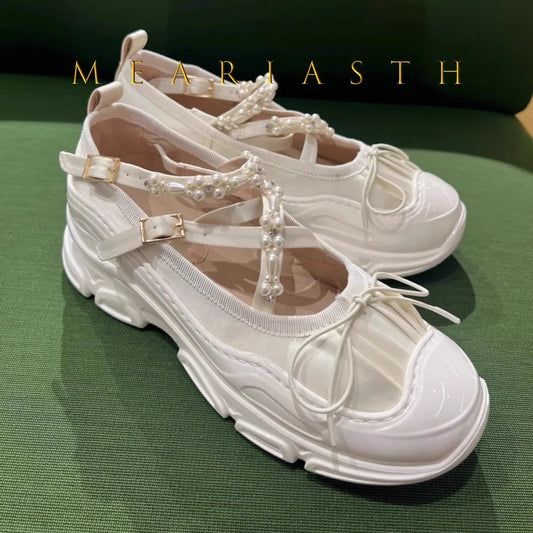 2025 Women's Retro Ballet Flat platform Shoes Ballerina Sneakers Chunky Mary Jane Pumps with Bow Decor Black/White/Pink 41 42 43