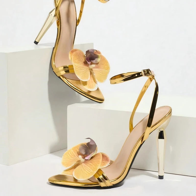 Liyke Strange Style Metal High Heels For Ladies Orchid Flowers Narrow Band Open Toe Ankle Strap Sandals Women Party Dress Shoes