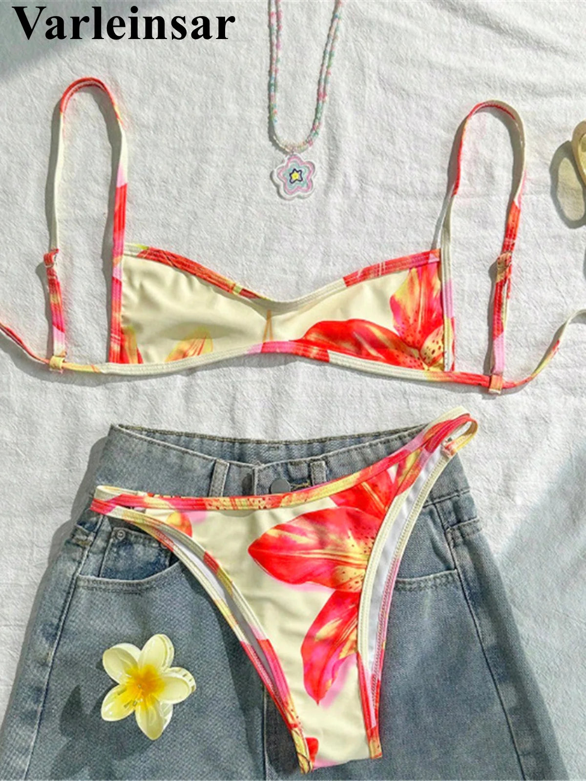 S - XL Flower Printed Bikini Female Swimsuit Women Swimwear Two-pieces Bikini set High Leg Cut Bather Bathing Suit Swim V7800