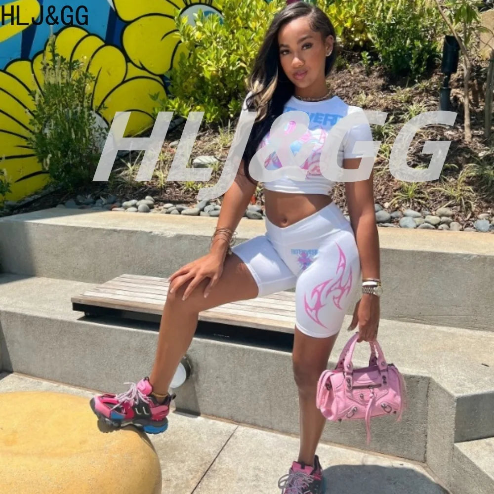 HLJ&GG White Summer Trend Y2K Letter Print Two Piece Sets Women Round Neck Short Sleeve Slim Crop Top And Skinny Shorts Outfits