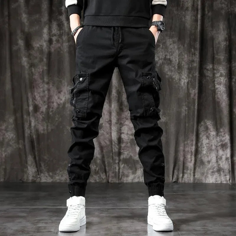 Trendy Men's Spring Autumn Cargo Pants Slim Fit Casual Style Loose Fit American Style Multiple Pocket Small Foot Pants Black