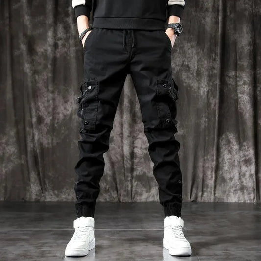 Trendy Men's Spring Autumn Cargo Pants Slim Fit Casual Style Loose Fit American Style Multiple Pocket Small Foot Pants Black