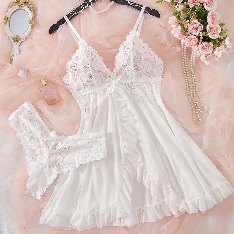 Deep V Lace Push Up Erotic Lingerie Pajamas Set Summer Thinly Woman Nightgown Hot Night Dress Sexy Bra Plus Size Sleepwear Thong