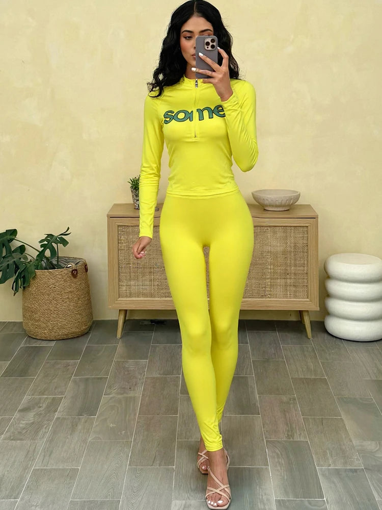 Weird Puss Casual Sporty Women2 Piece Set Letter Print Zip Crop Tops+Leggings Matching Street Stretch Skinny Streetwear Outfits