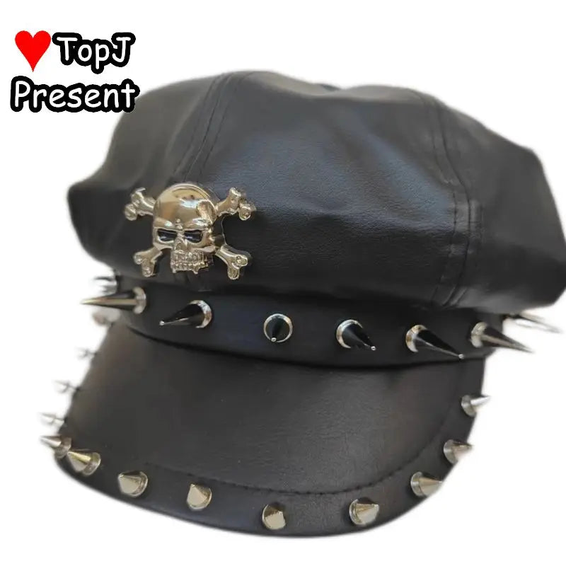 Women Lolita Y2k Steam Punk Gothic Harajuku Subculture Girl Riveted Motorcycle Hat Trendy Men's Personality Beret Stage Rock Hat